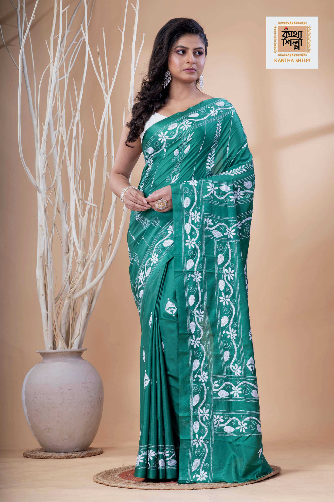 Green Color Bangalore Silk White Color Thread Work Kantha Stitch Saree