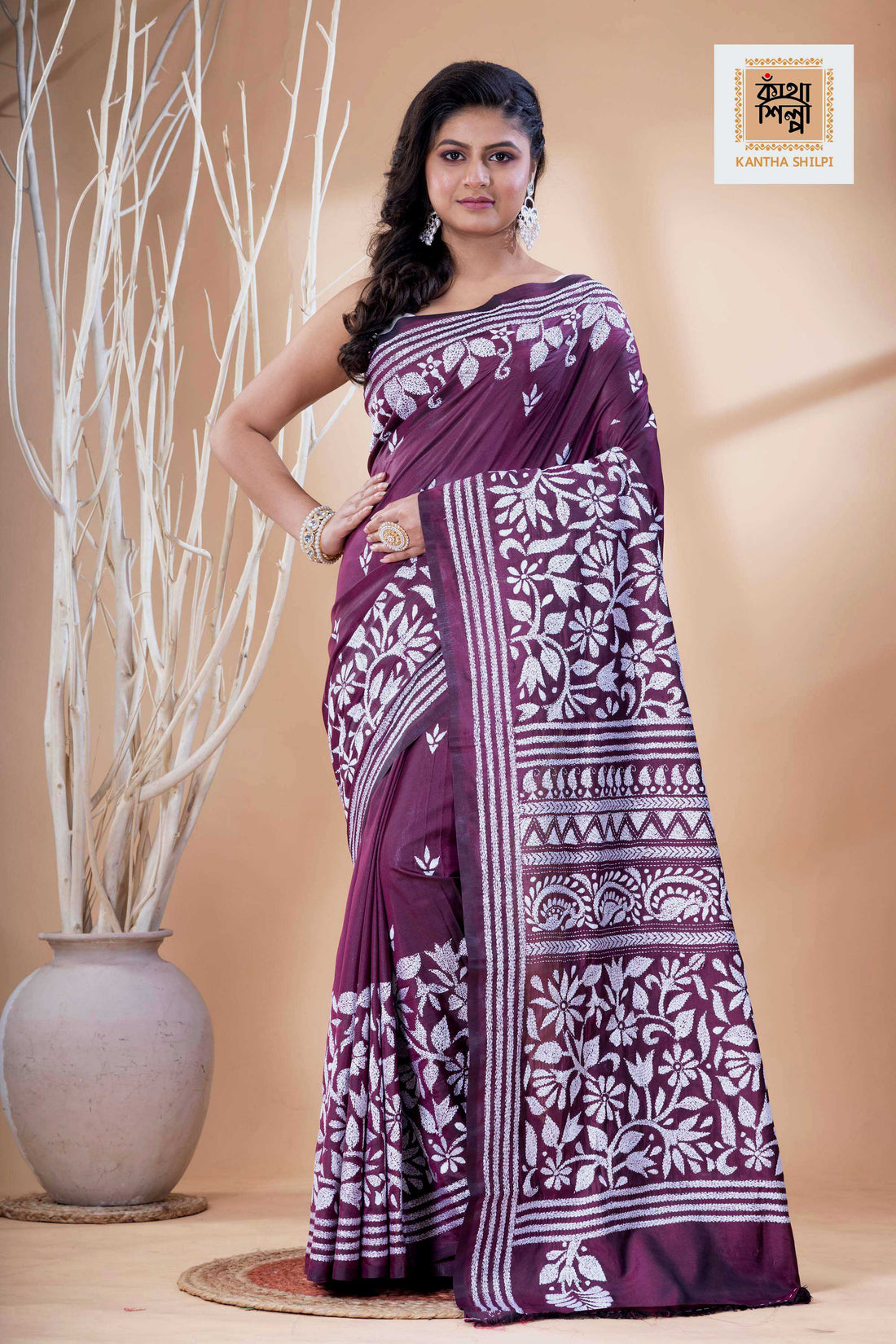 Magenta Color Bangalore Silk White Color Thread Work Kantha Stitch Saree