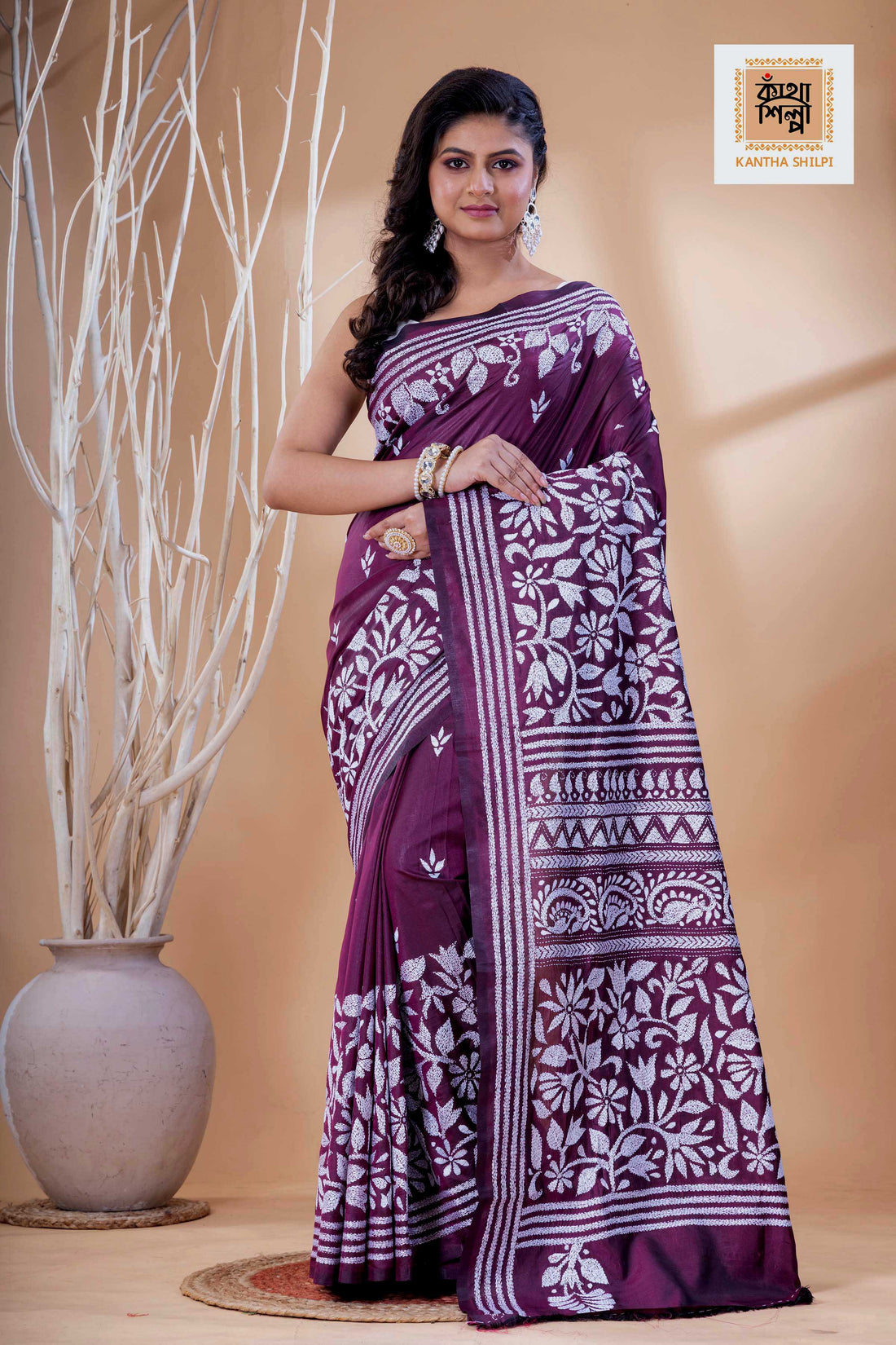 Magenta Color Bangalore Silk White Color Thread Work Kantha Stitch Saree