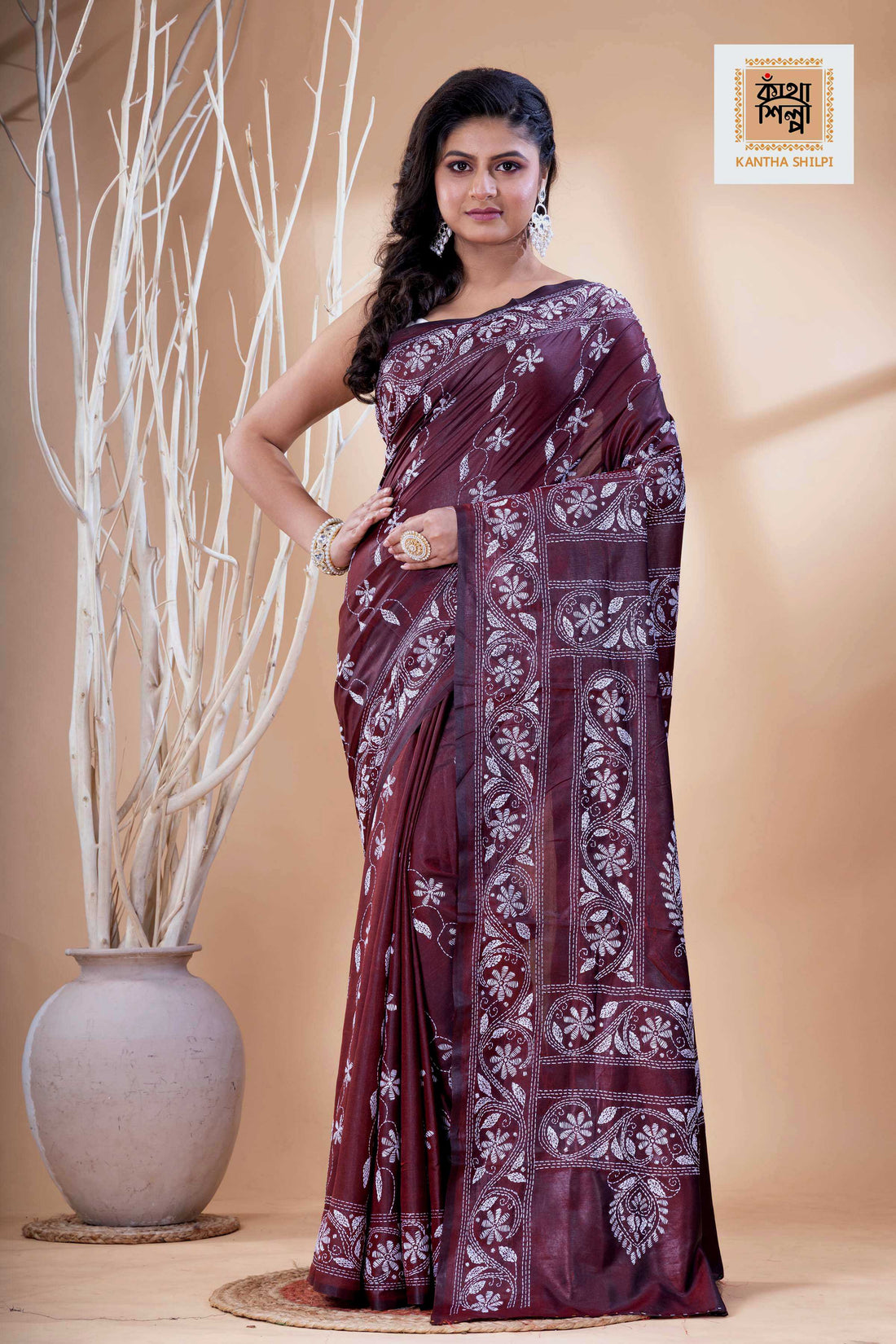 Maroon Color Bangalore Silk White Color Thread Work Kantha Stitch Saree