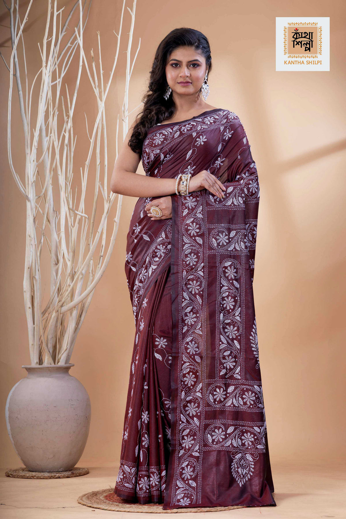 Maroon Color Bangalore Silk White Color Thread Work Kantha Stitch Saree