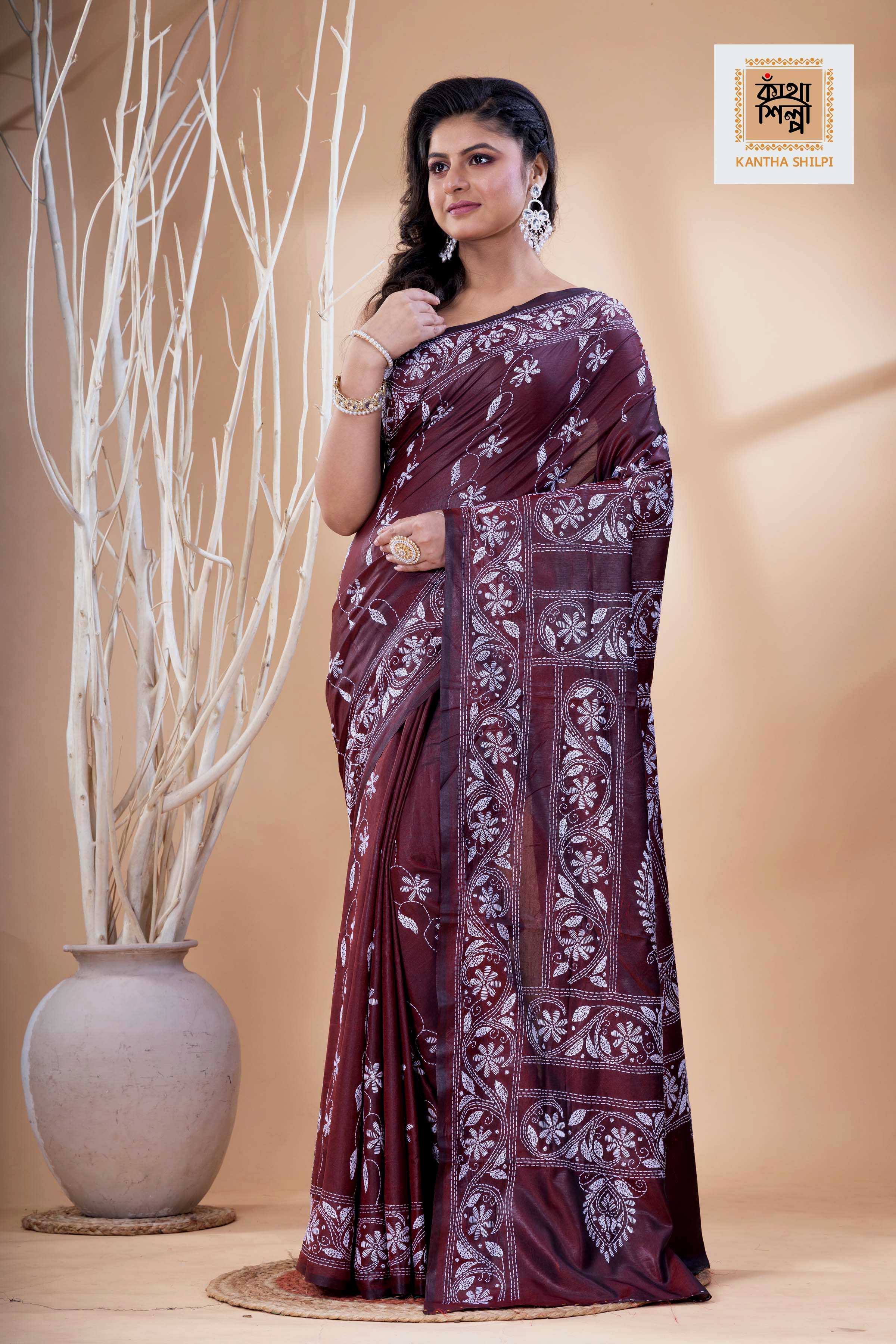 Maroon Color Bangalore Silk White Color Thread Work Kantha Stitch Saree