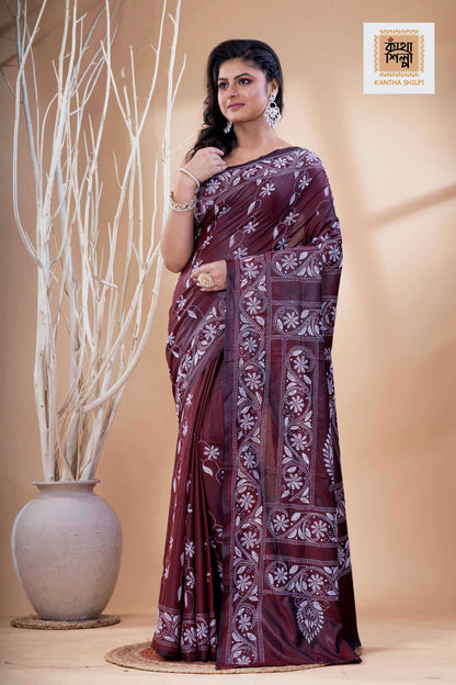 Maroon Color Bangalore Silk White Color Thread Work Kantha Stitch Saree