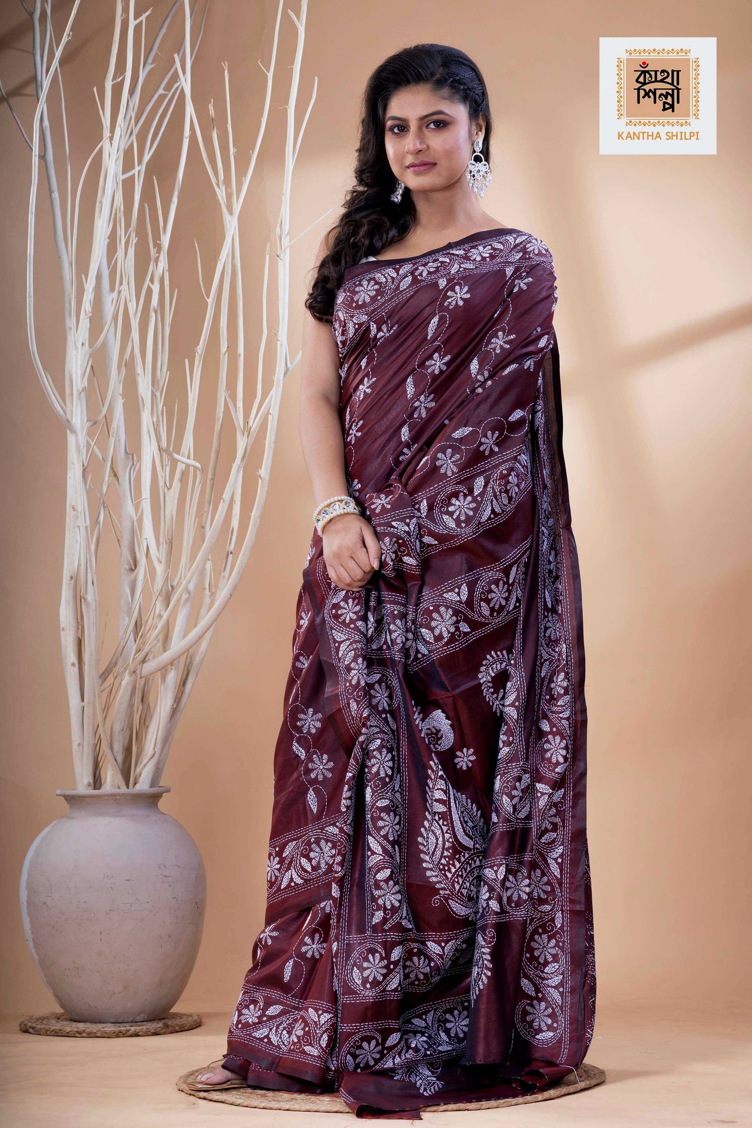 Maroon Color Bangalore Silk White Color Thread Work Kantha Stitch Saree