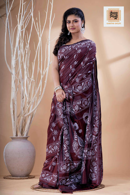 Maroon Color Bangalore Silk White Color Thread Work Kantha Stitch Saree