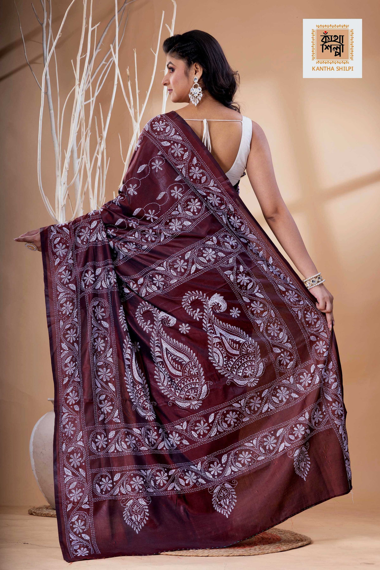 Maroon Color Bangalore Silk White Color Thread Work Kantha Stitch Saree