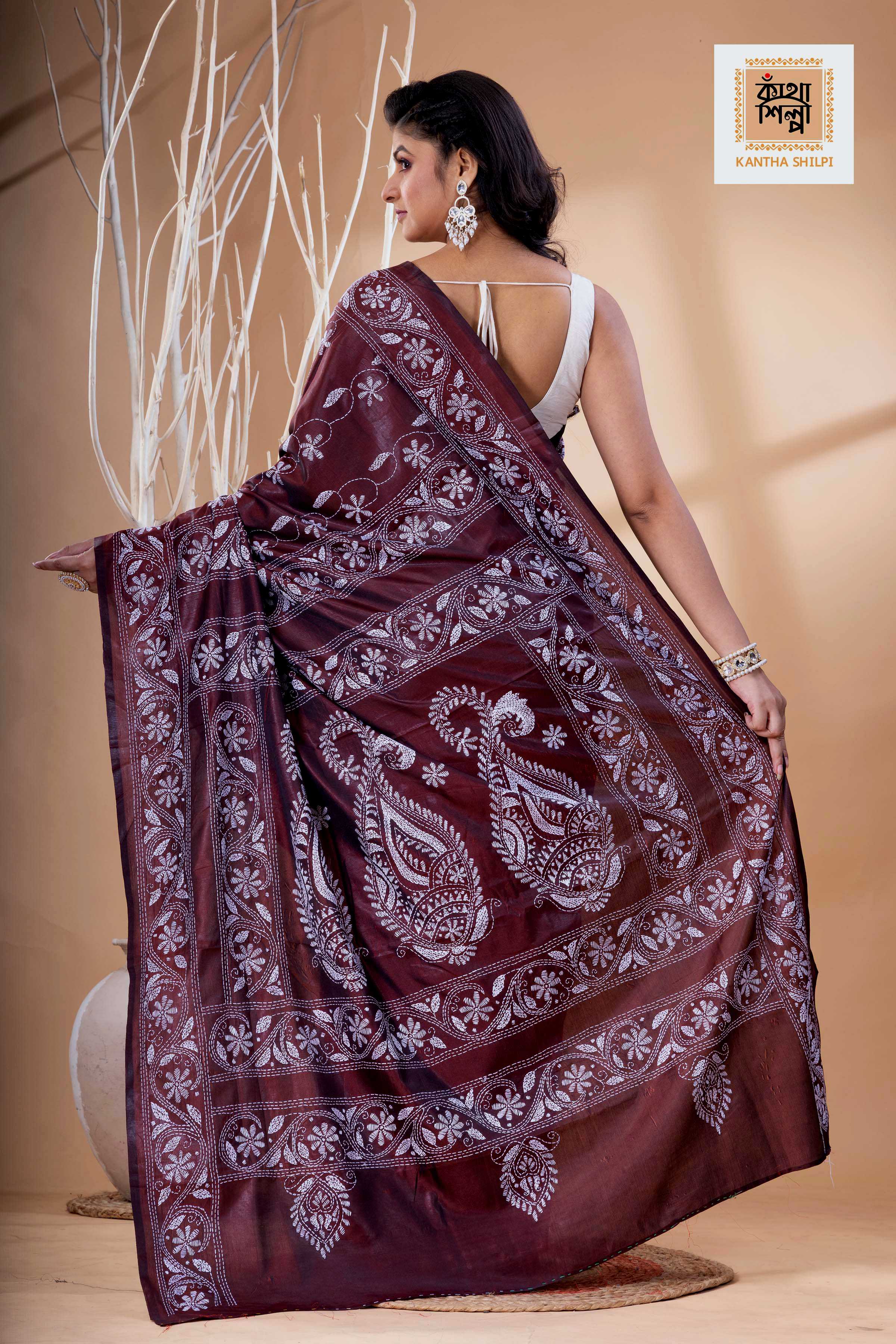 Maroon Color Bangalore Silk White Color Thread Work Kantha Stitch Saree