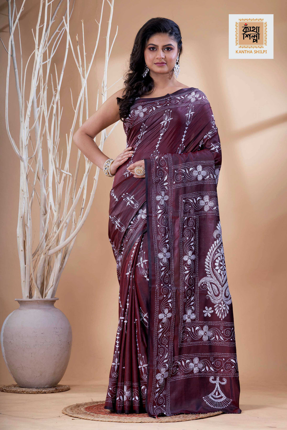 Maroon Color Bangalore Silk White Color Thread Work Kantha Stitch Saree