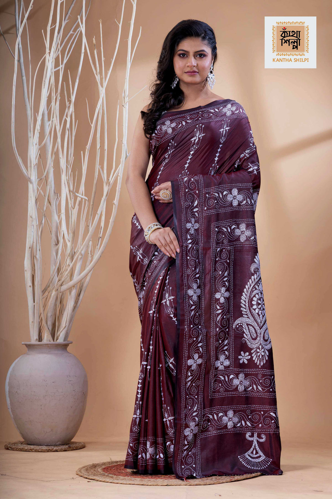 Maroon Color Bangalore Silk White Color Thread Work Kantha Stitch Saree