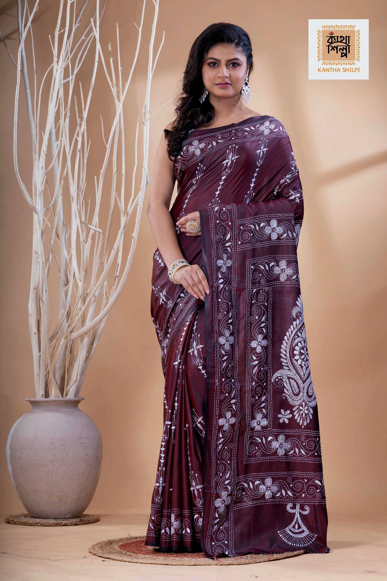 Maroon Color Bangalore Silk White Color Thread Work Kantha Stitch Saree