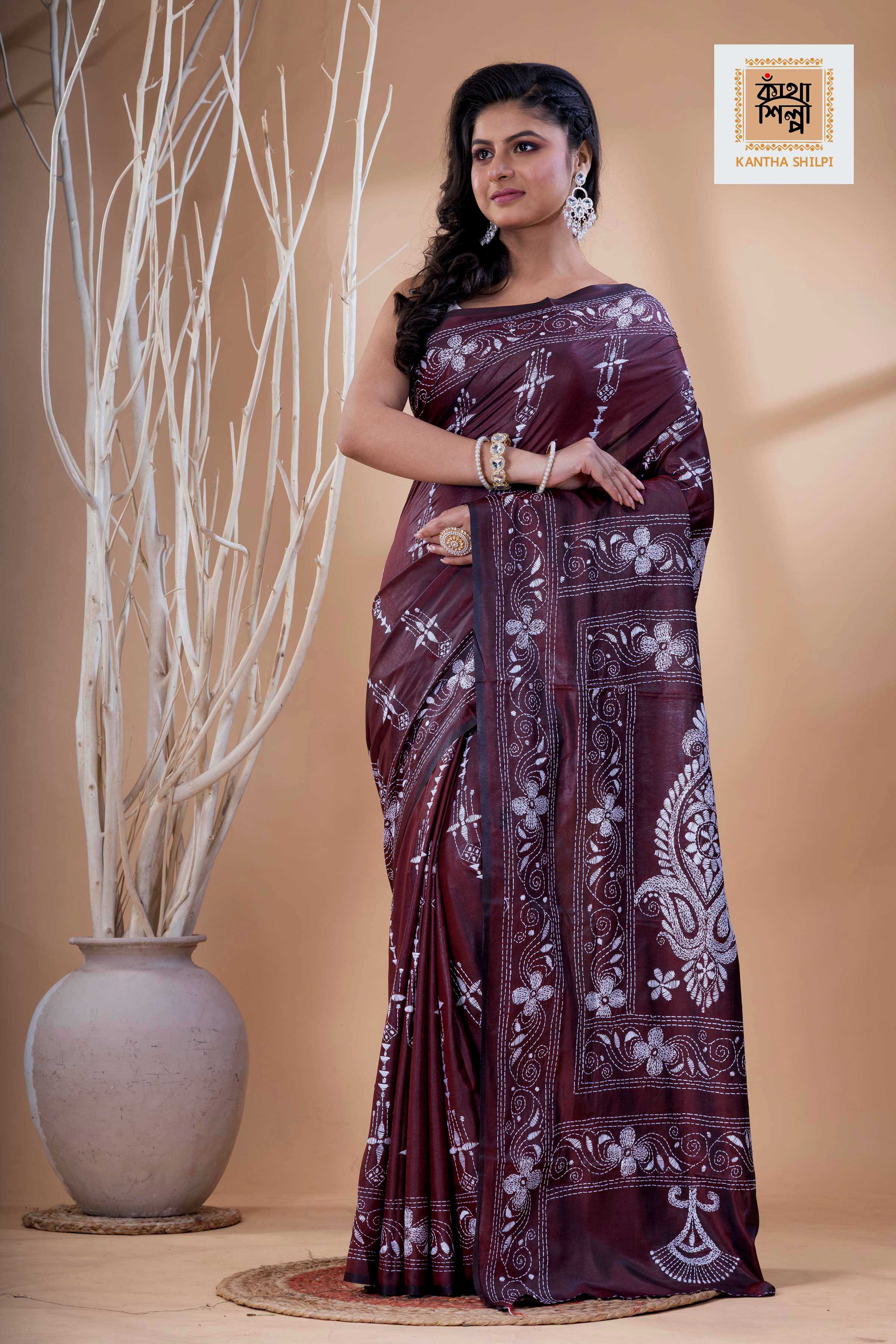 Maroon Color Bangalore Silk White Color Thread Work Kantha Stitch Saree