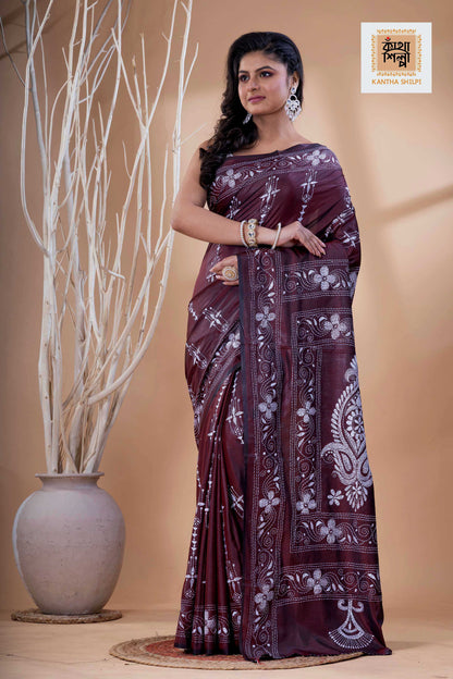 Maroon Color Bangalore Silk White Color Thread Work Kantha Stitch Saree
