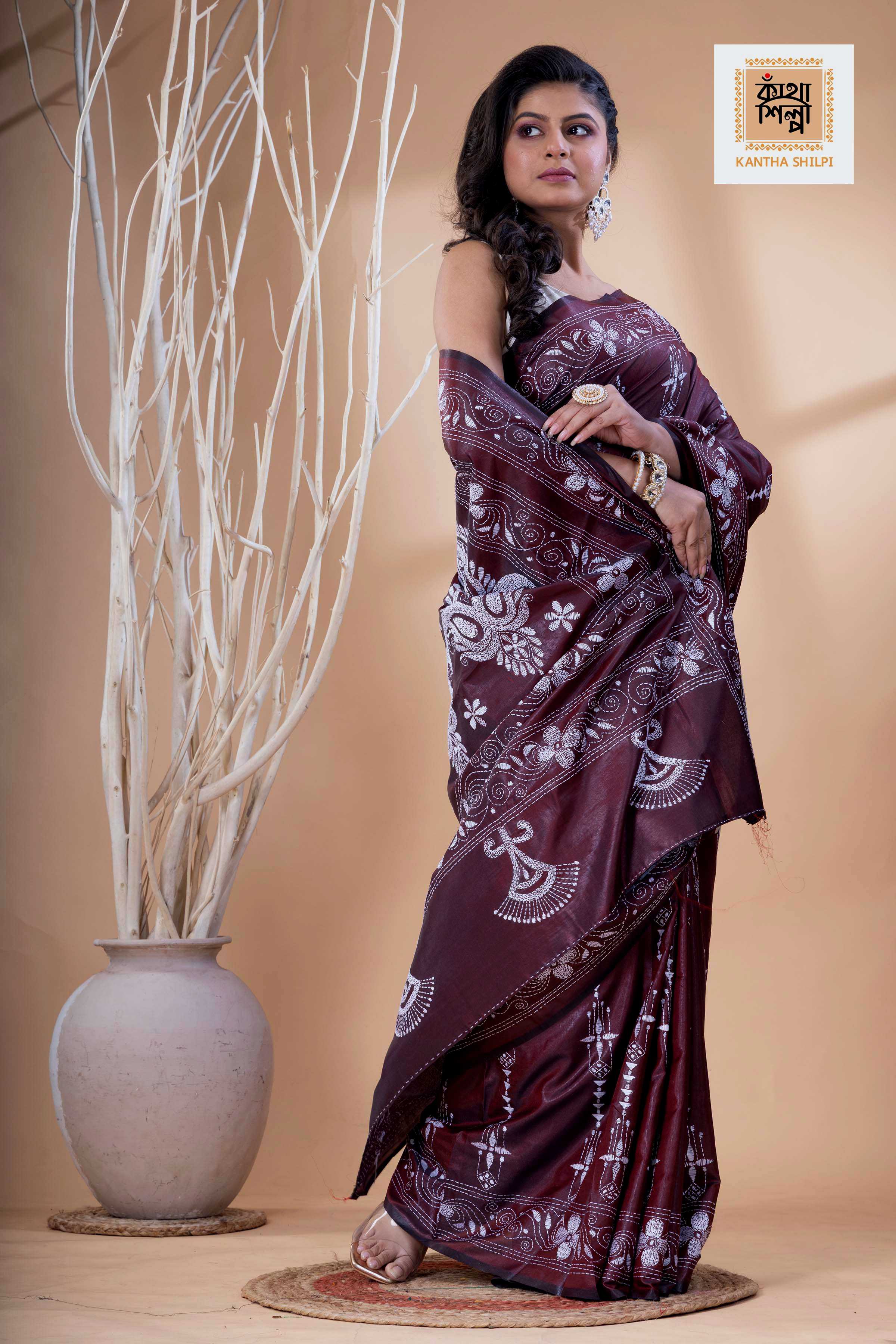 Maroon Color Bangalore Silk White Color Thread Work Kantha Stitch Saree