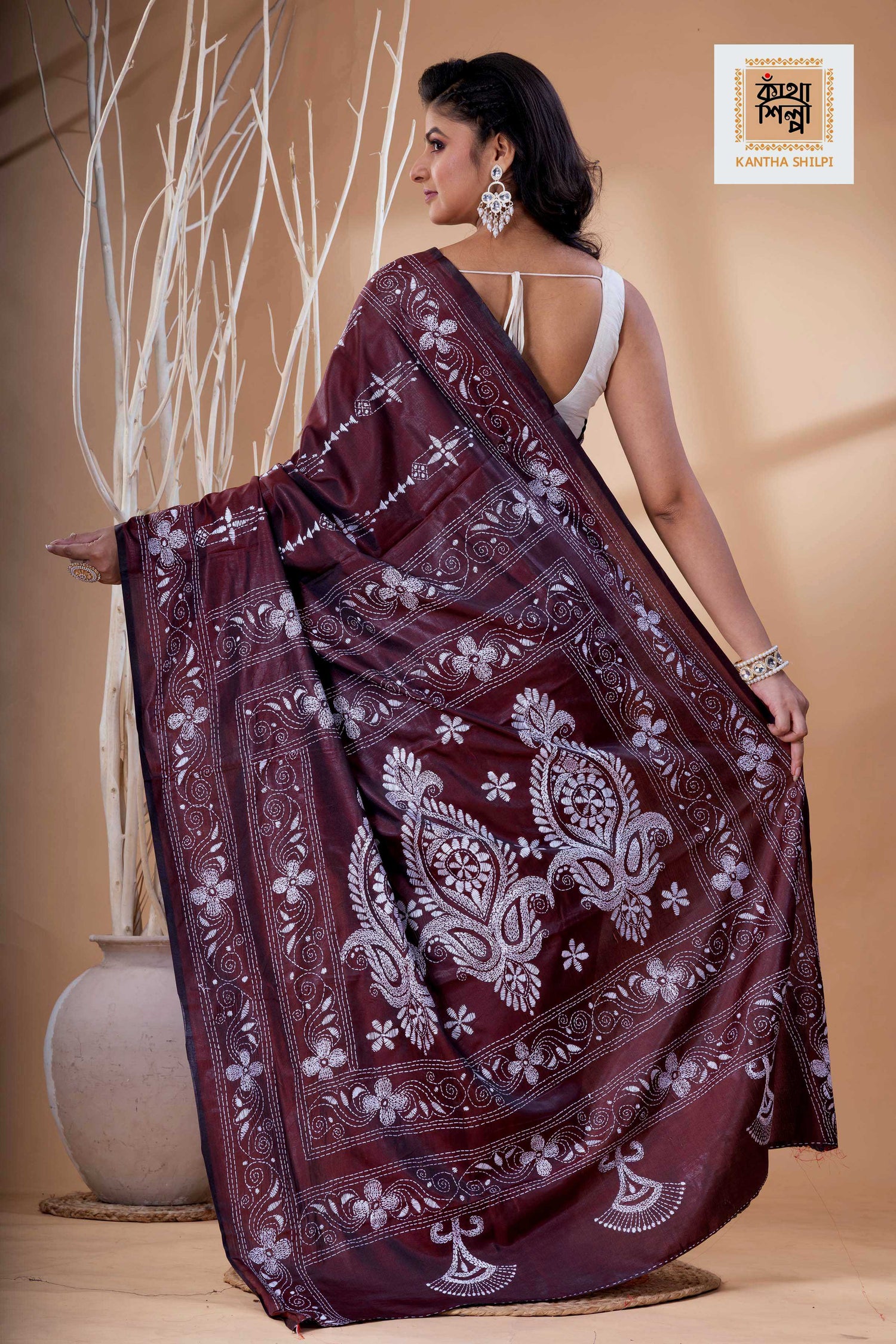 Maroon Color Bangalore Silk White Color Thread Work Kantha Stitch Saree
