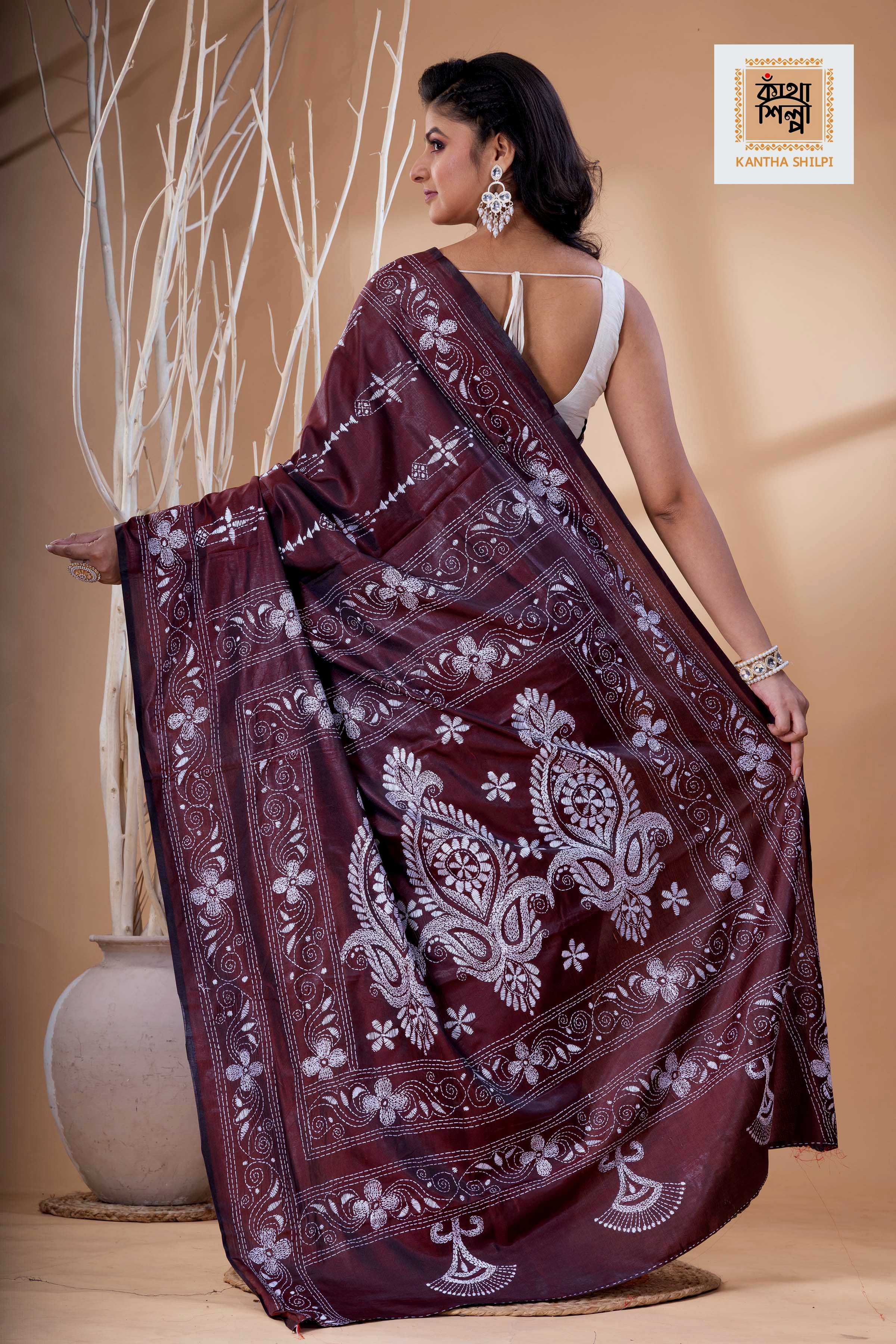 Maroon Color Bangalore Silk White Color Thread Work Kantha Stitch Saree