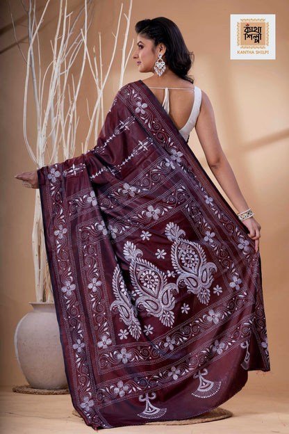 Maroon Color Bangalore Silk White Color Thread Work Kantha Stitch Saree