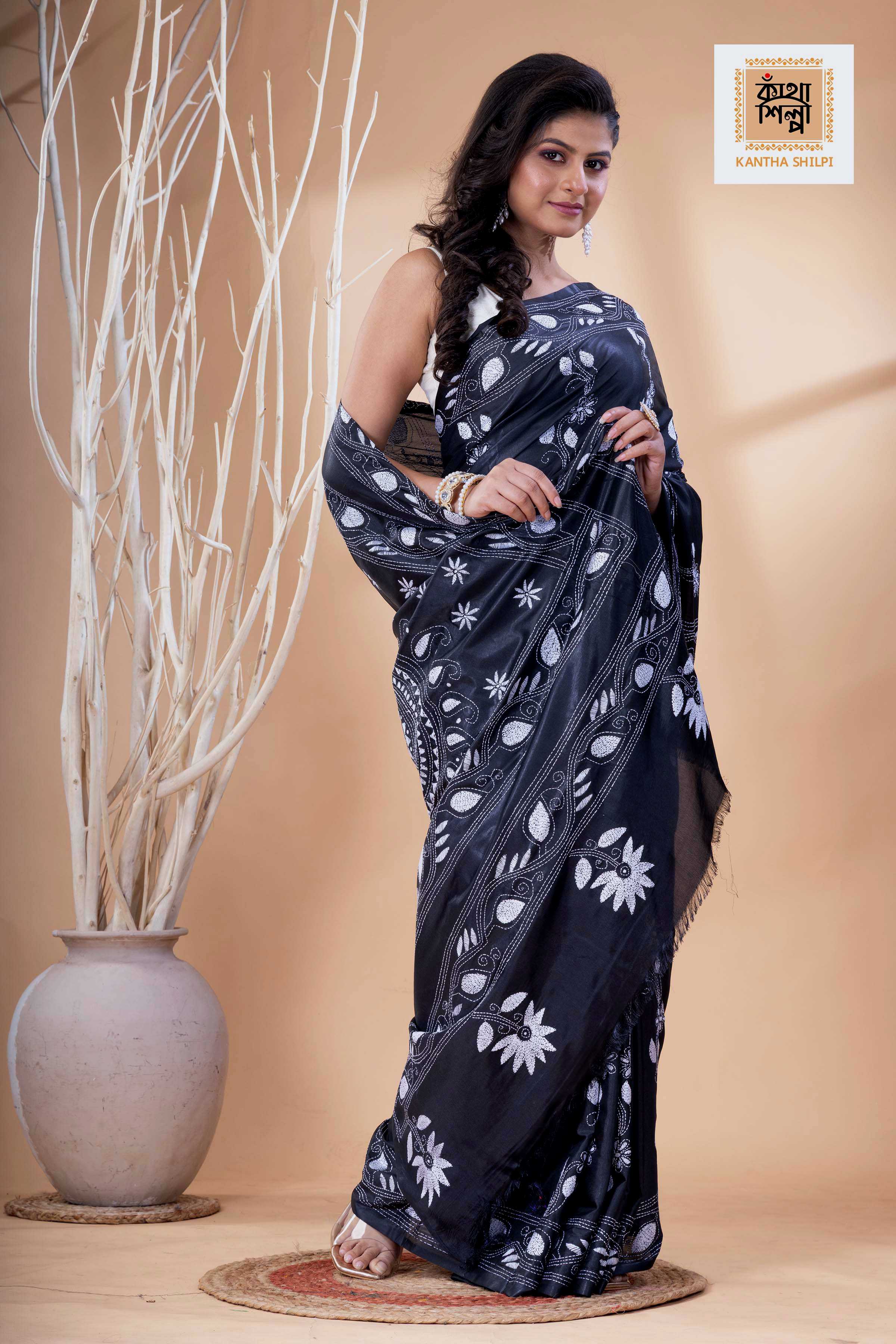 Black Color Bangalore Silk White Color Thread Work Kantha Stitch Saree