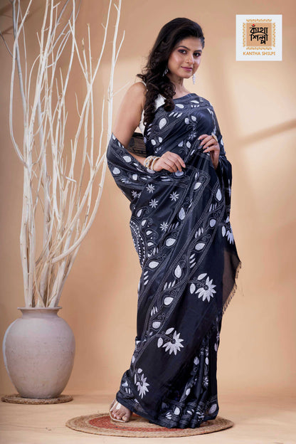 Black Color Bangalore Silk White Color Thread Work Kantha Stitch Saree
