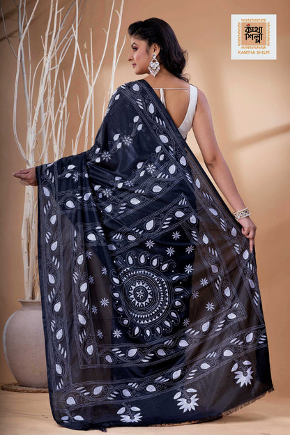 Black Color Bangalore Silk White Color Thread Work Kantha Stitch Saree