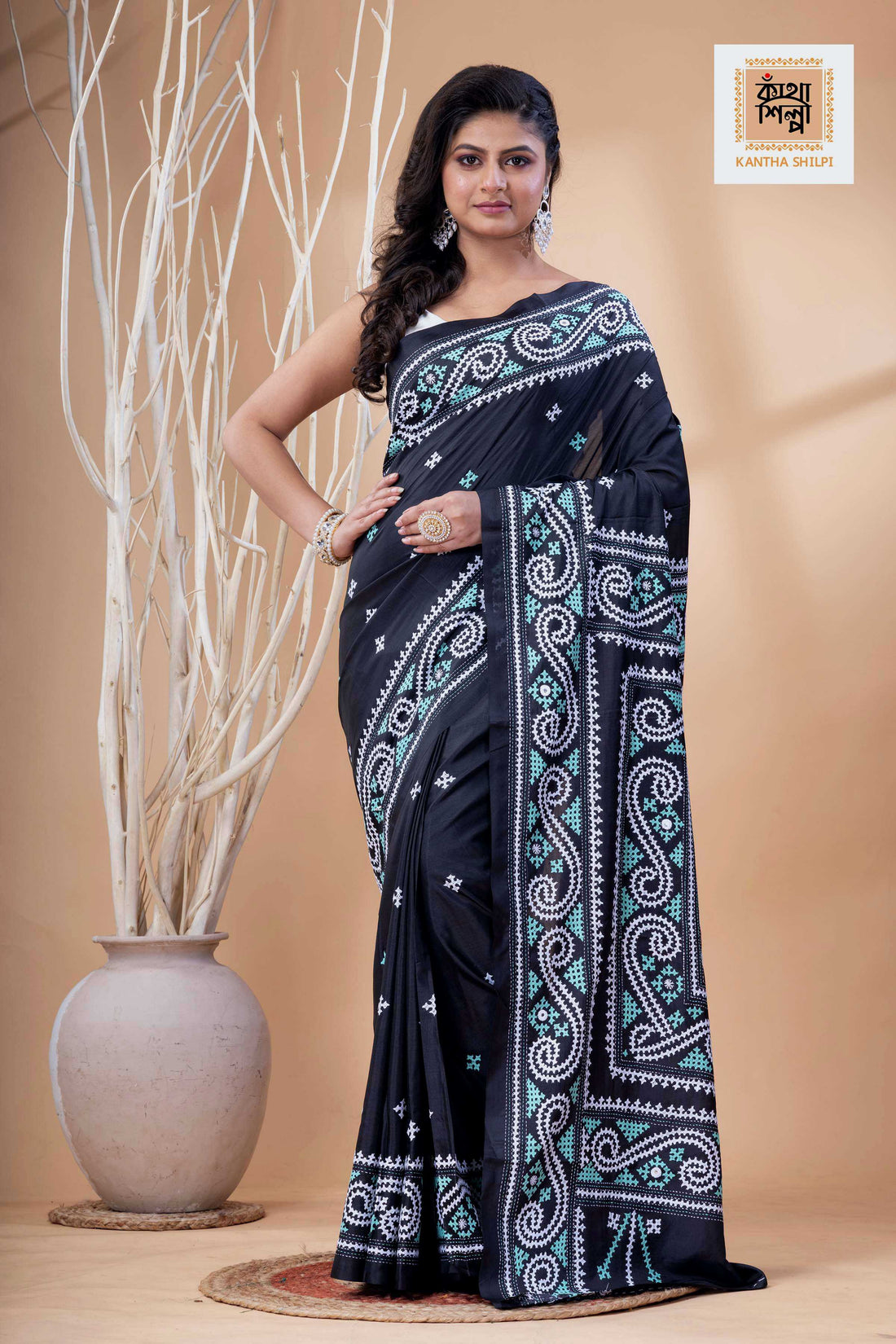 Black Bangalore Silk White-Cyan Thread Work Gujrati Stitch Saree