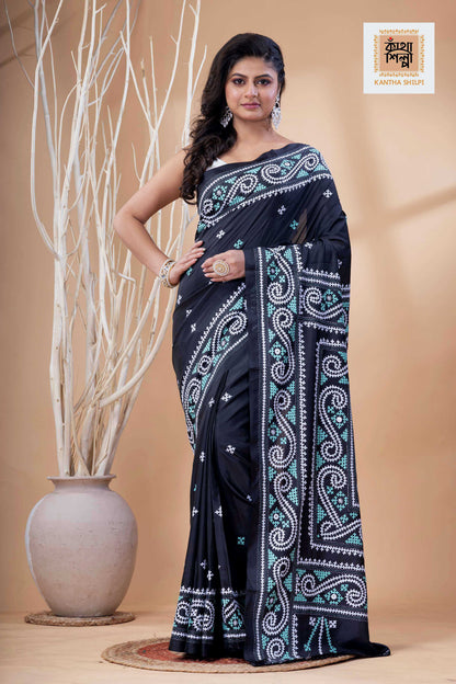 Black Bangalore Silk White-Cyan Thread Work Gujrati Stitch Saree