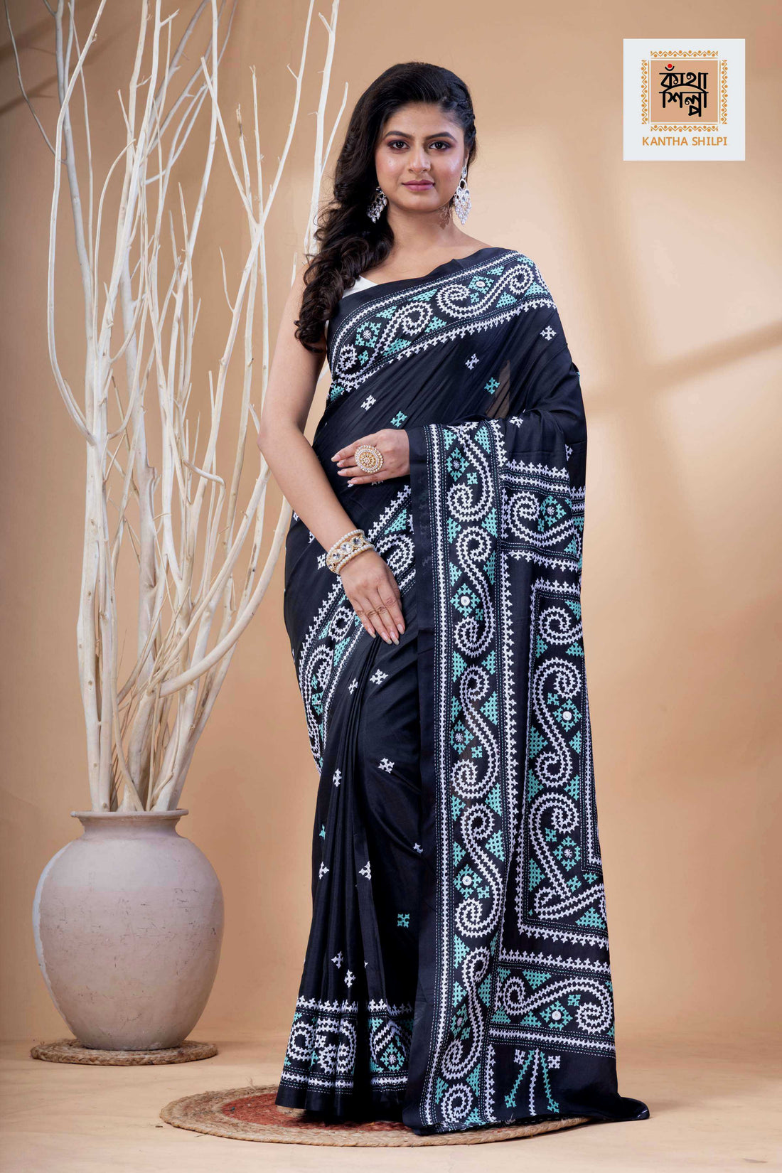 Black Bangalore Silk White-Cyan Thread Work Gujrati Stitch Saree