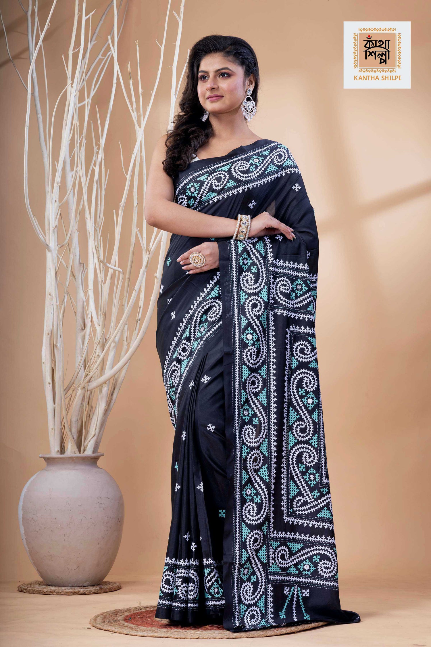 Black Bangalore Silk White-Cyan Thread Work Gujrati Stitch Saree