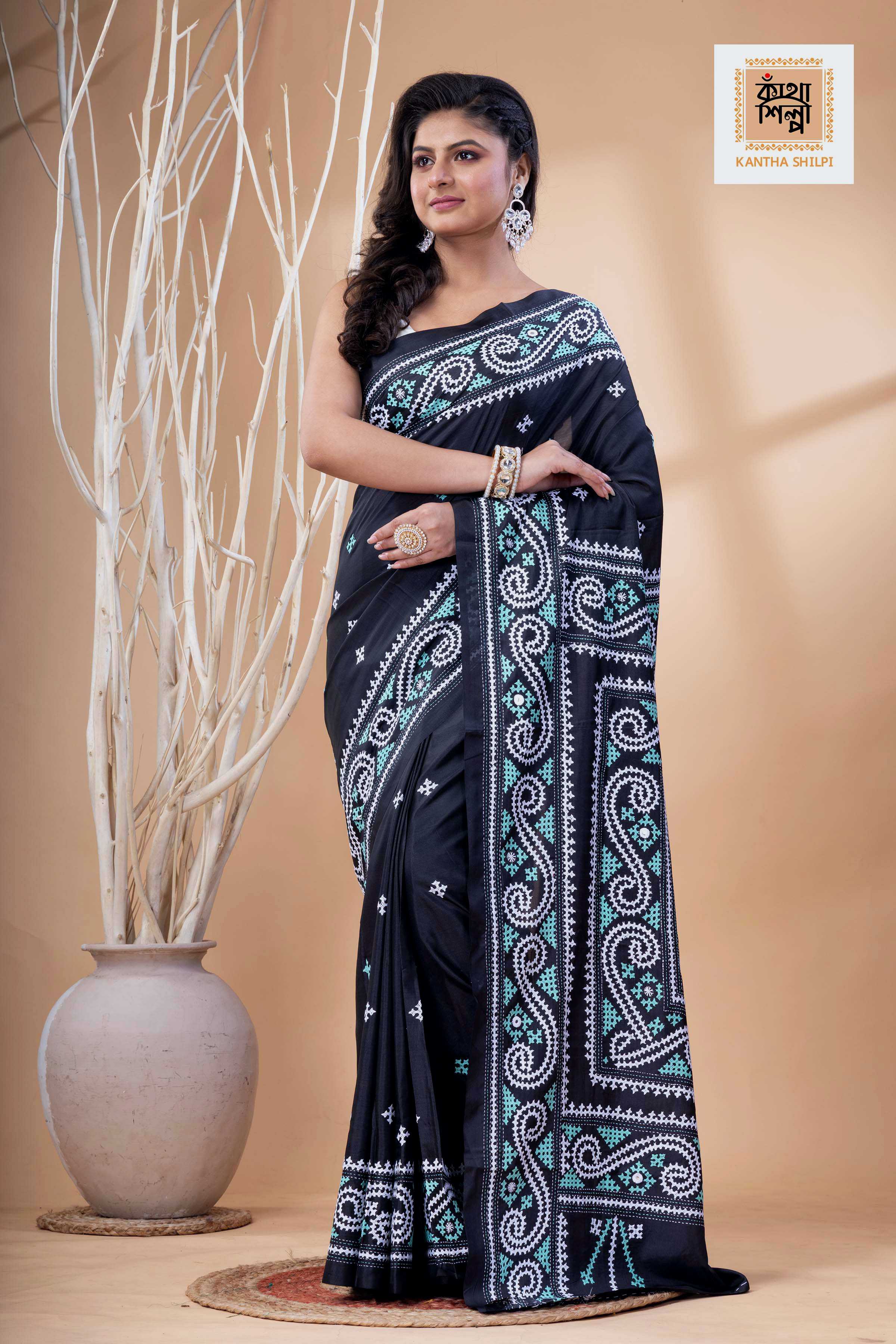 Black Bangalore Silk White-Cyan Thread Work Gujrati Stitch Saree