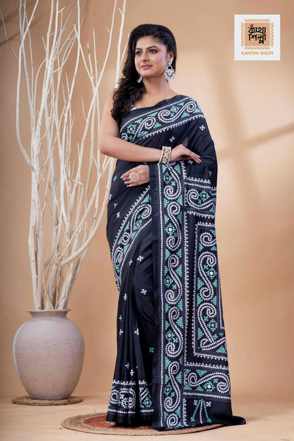 Black Bangalore Silk White-Cyan Thread Work Gujrati Stitch Saree