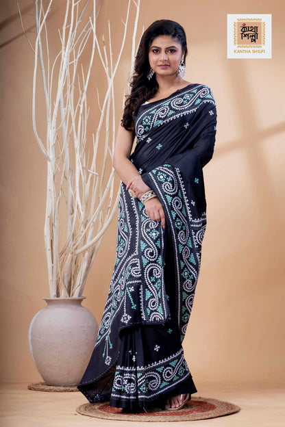 Black Bangalore Silk White-Cyan Thread Work Gujrati Stitch Saree