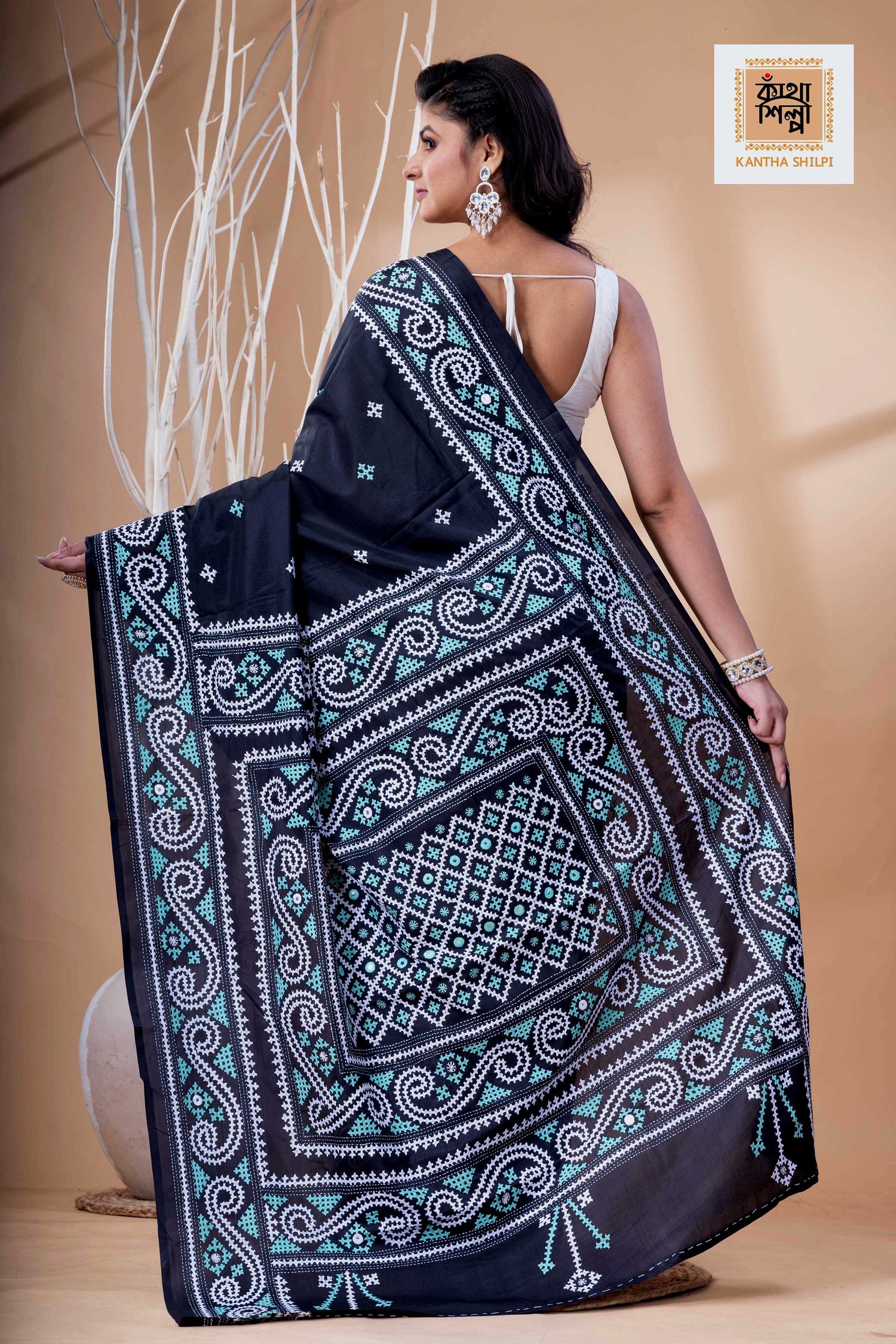 Black Bangalore Silk White-Cyan Thread Work Gujrati Stitch Saree
