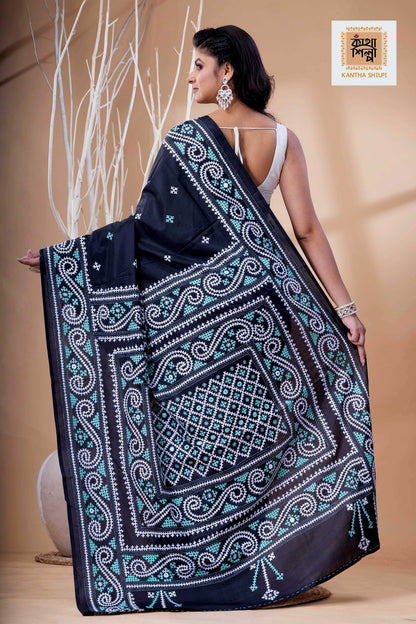 Black Bangalore Silk White-Cyan Thread Work Gujrati Stitch Saree