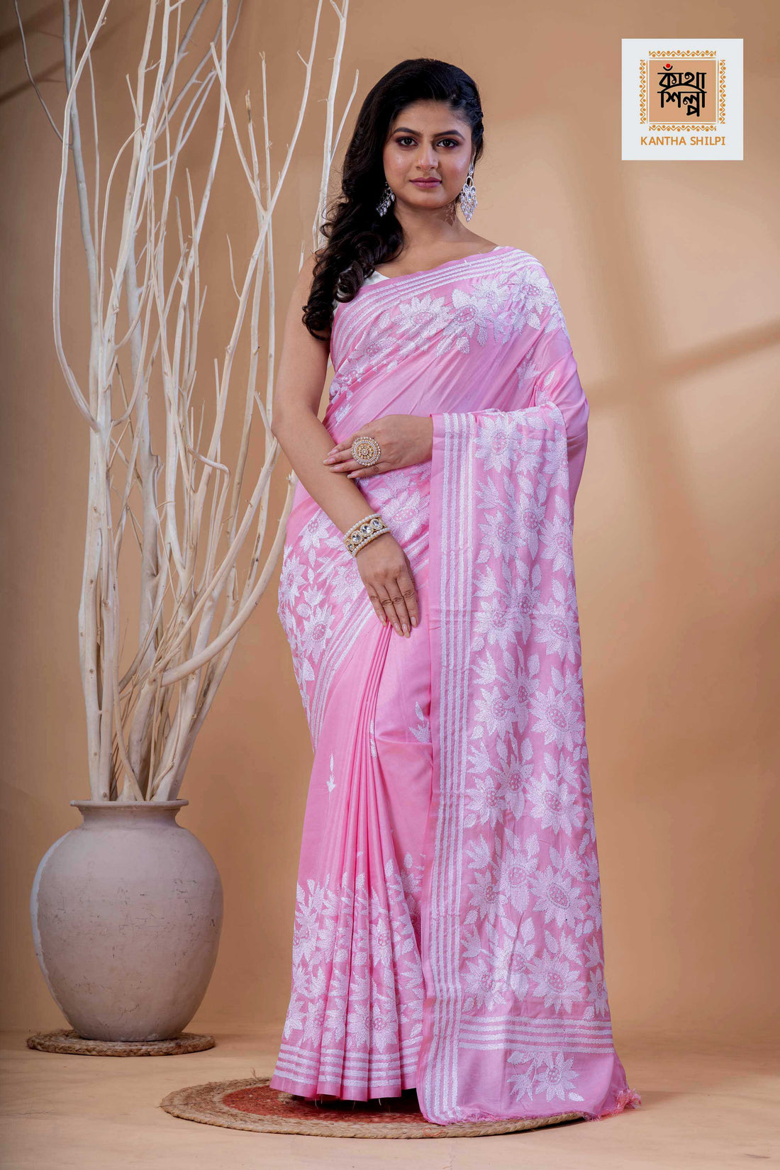 Pink Color Bangalore Silk White Color Thread Work Kantha Stitch Saree
