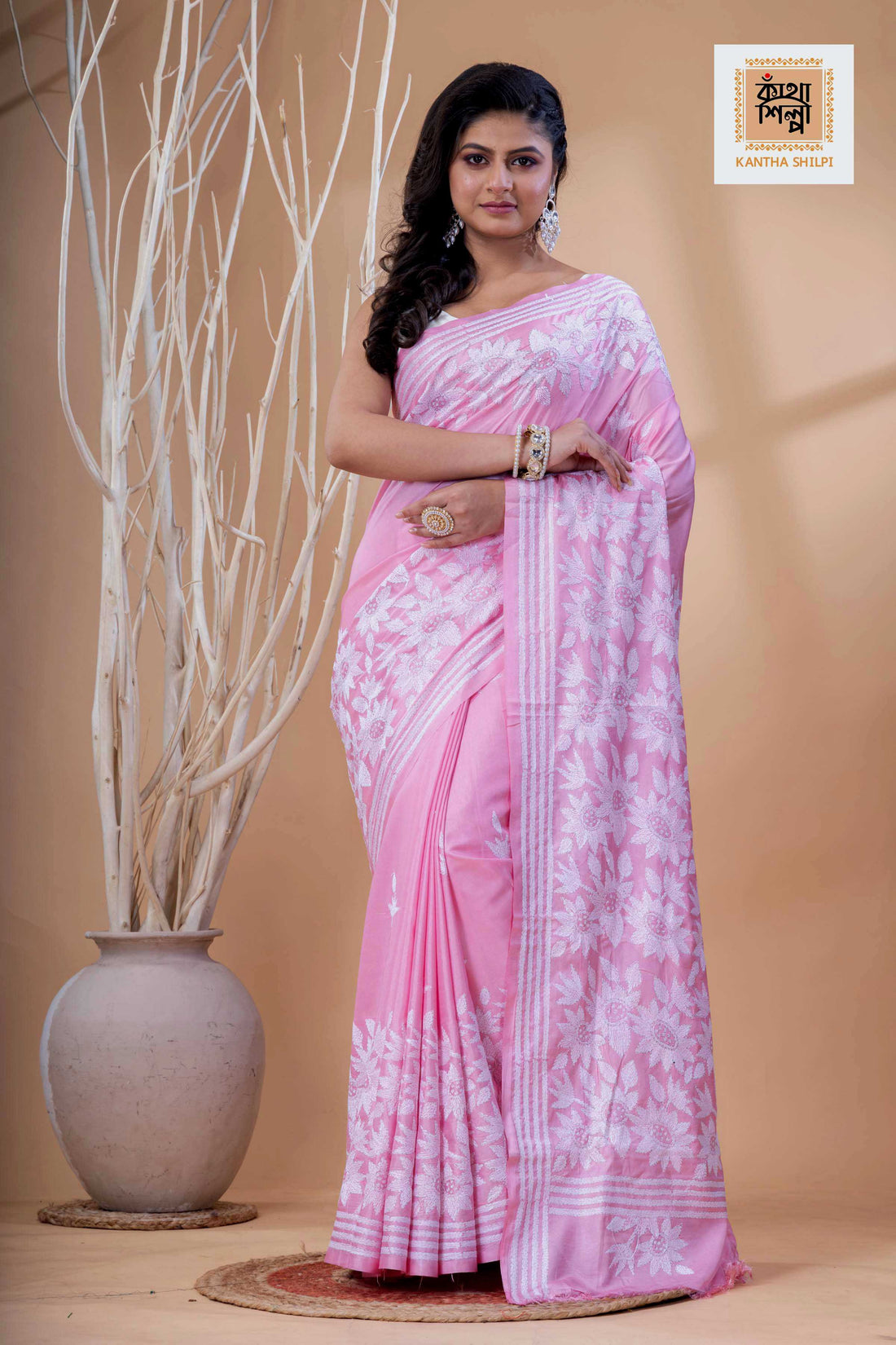 Pink Color Bangalore Silk White Color Thread Work Kantha Stitch Saree