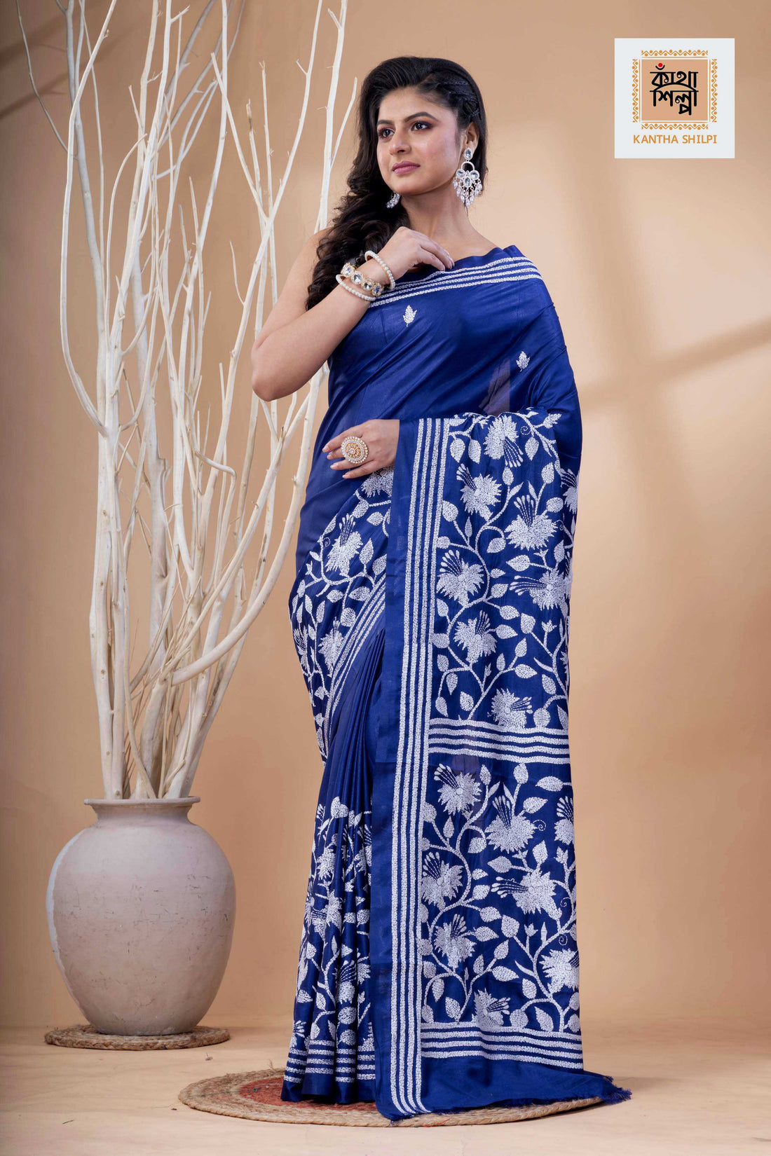 Blue Color Bangalore Silk White Color Thread Work Kantha Stitch Saree