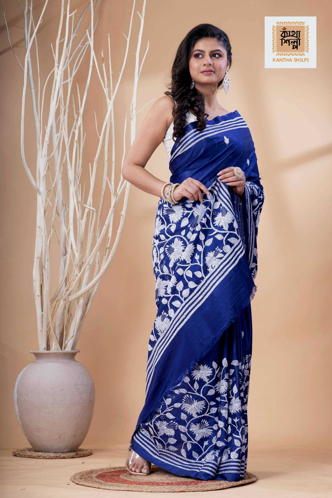 Blue Color Bangalore Silk White Color Thread Work Kantha Stitch Saree