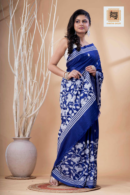 Blue Color Bangalore Silk White Color Thread Work Kantha Stitch Saree