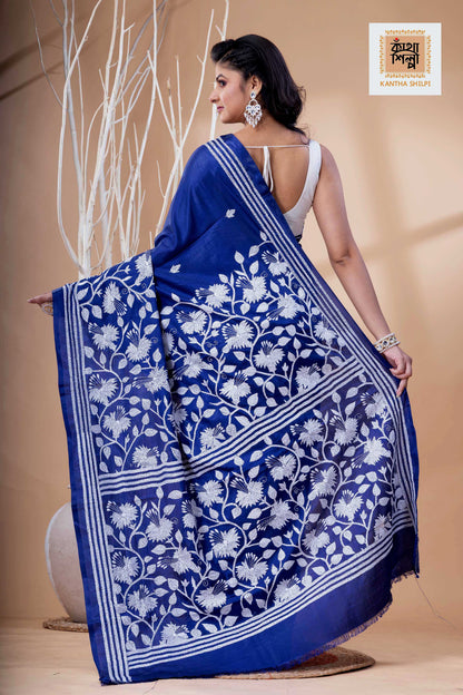 Blue Color Bangalore Silk White Color Thread Work Kantha Stitch Saree