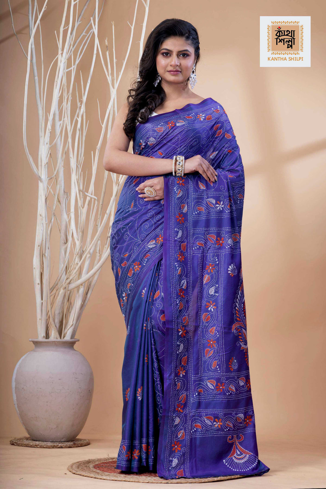 Blueberry Color Bangalore Silk White-Orange Color Thread Work Kantha Stitch Saree