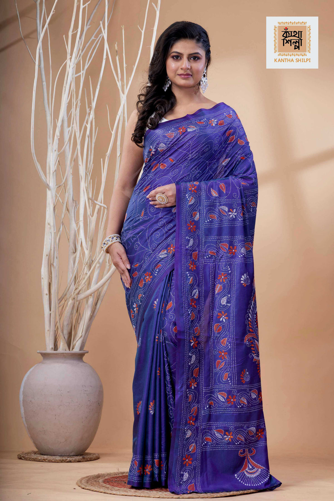 Blueberry Color Bangalore Silk White-Orange Color Thread Work Kantha Stitch Saree