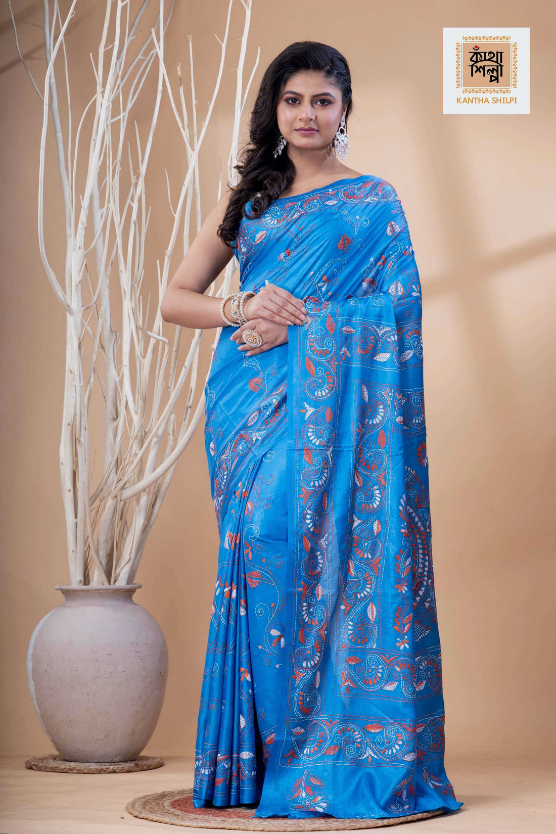 Butterfly-Blue Color Bangalore Silk White-Orange Color Thread Work Kantha Stitch Saree
