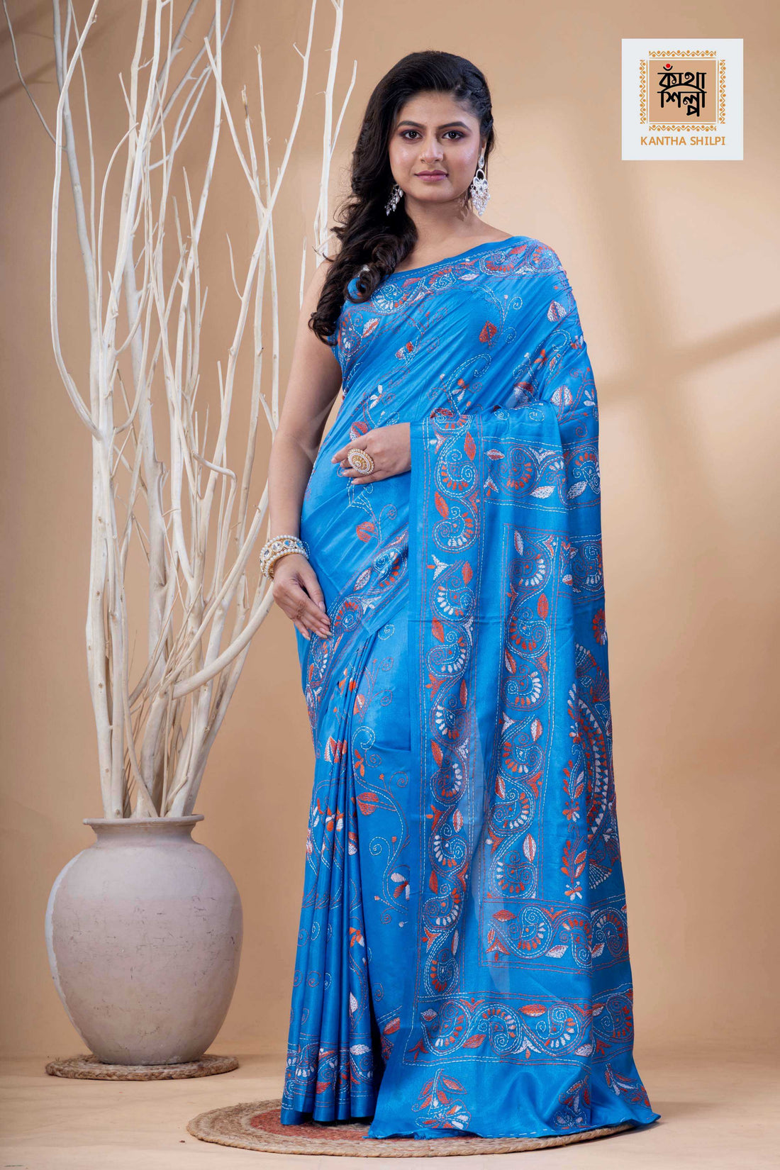 Butterfly-Blue Color Bangalore Silk White-Orange Color Thread Work Kantha Stitch Saree