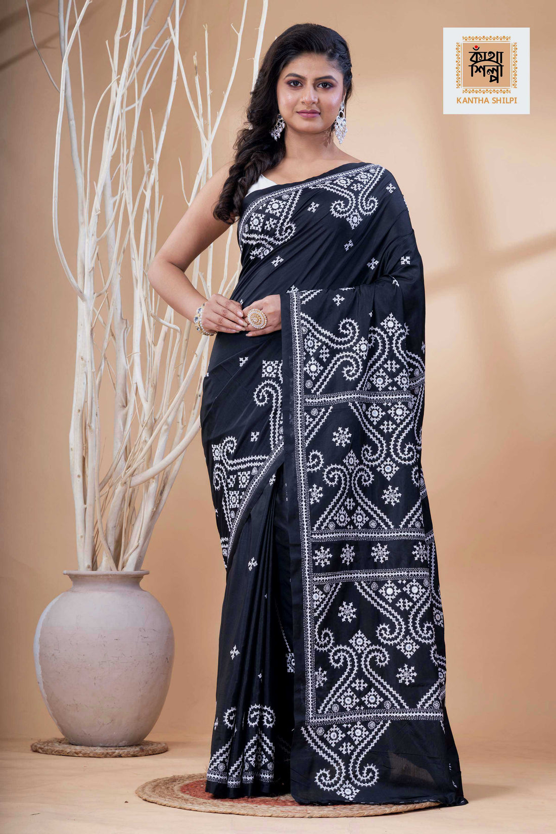 Black Bangalore Silk White Thread Work Gujrati Stitch Saree