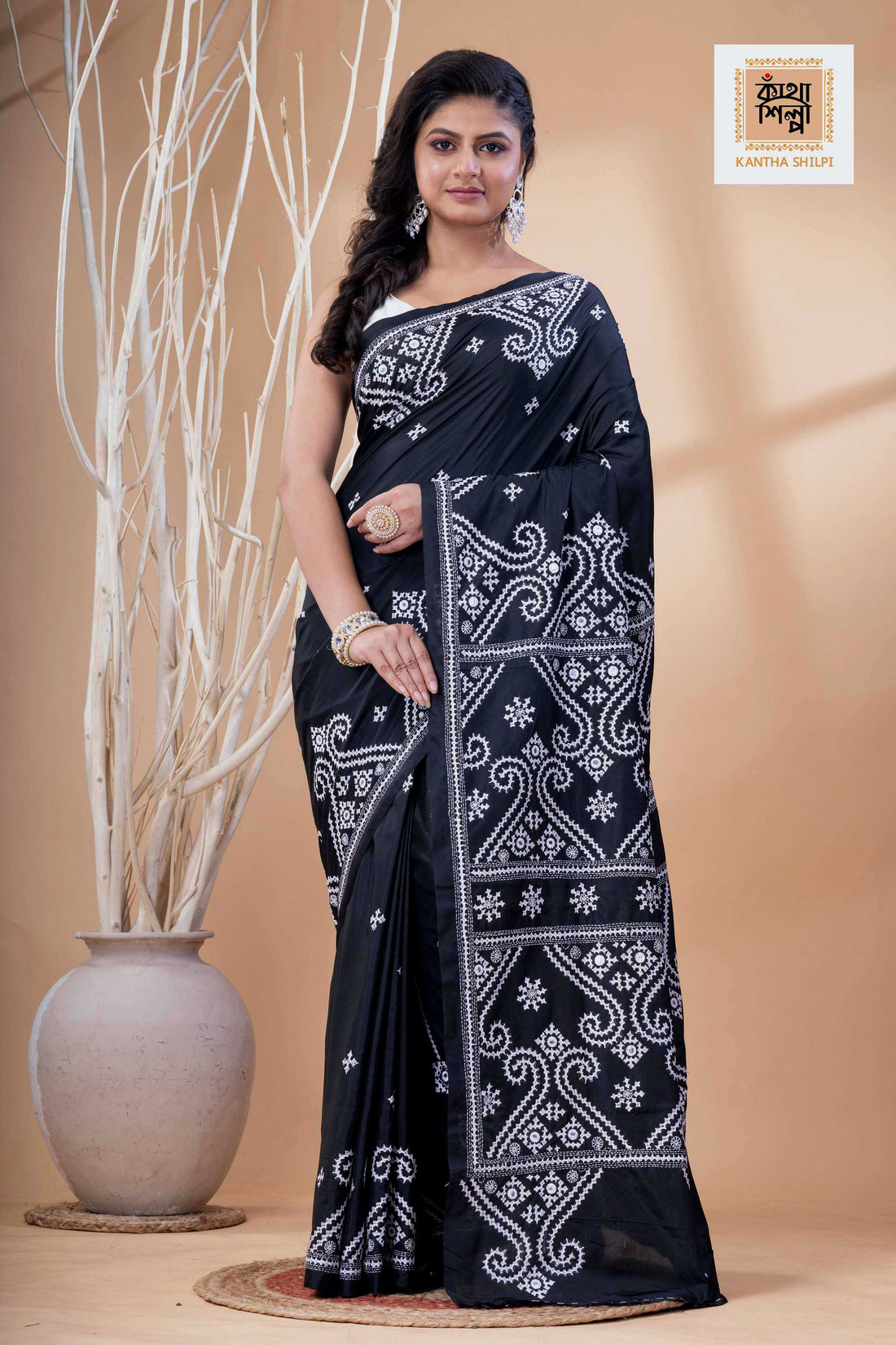 Black Bangalore Silk White Thread Work Gujrati Stitch Saree