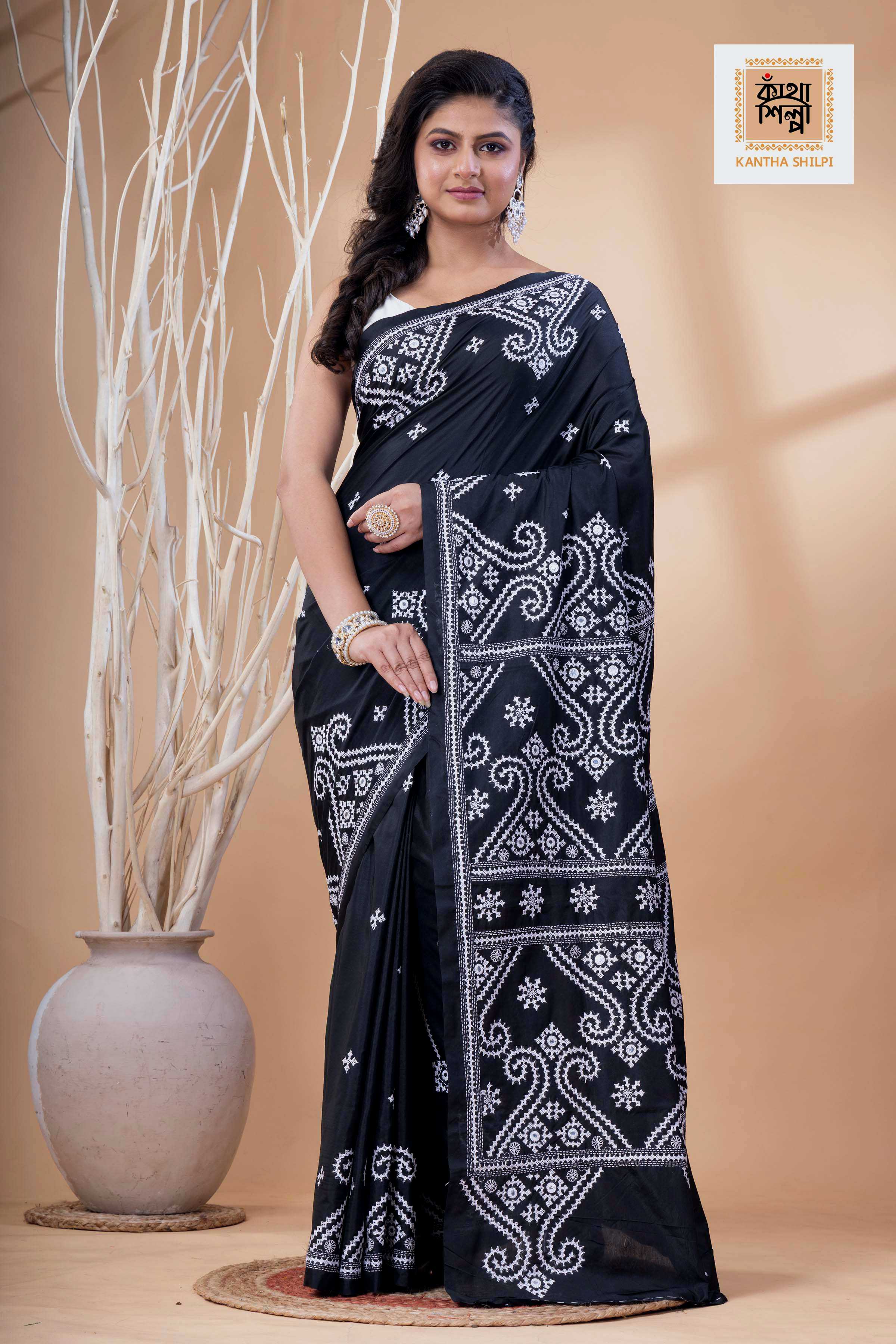 Black Bangalore Silk White Thread Work Gujrati Stitch Saree