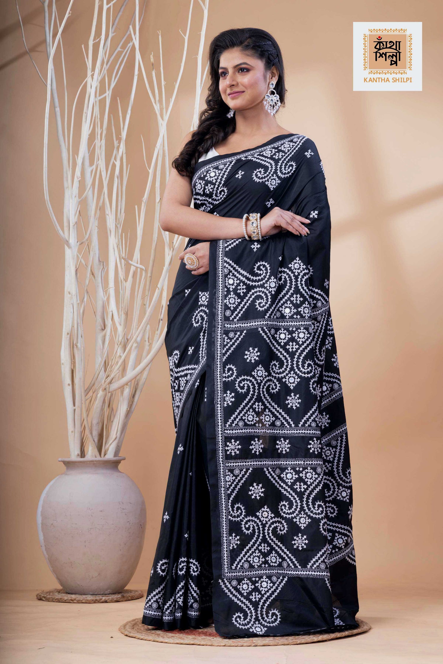Black Bangalore Silk White Thread Work Gujrati Stitch Saree