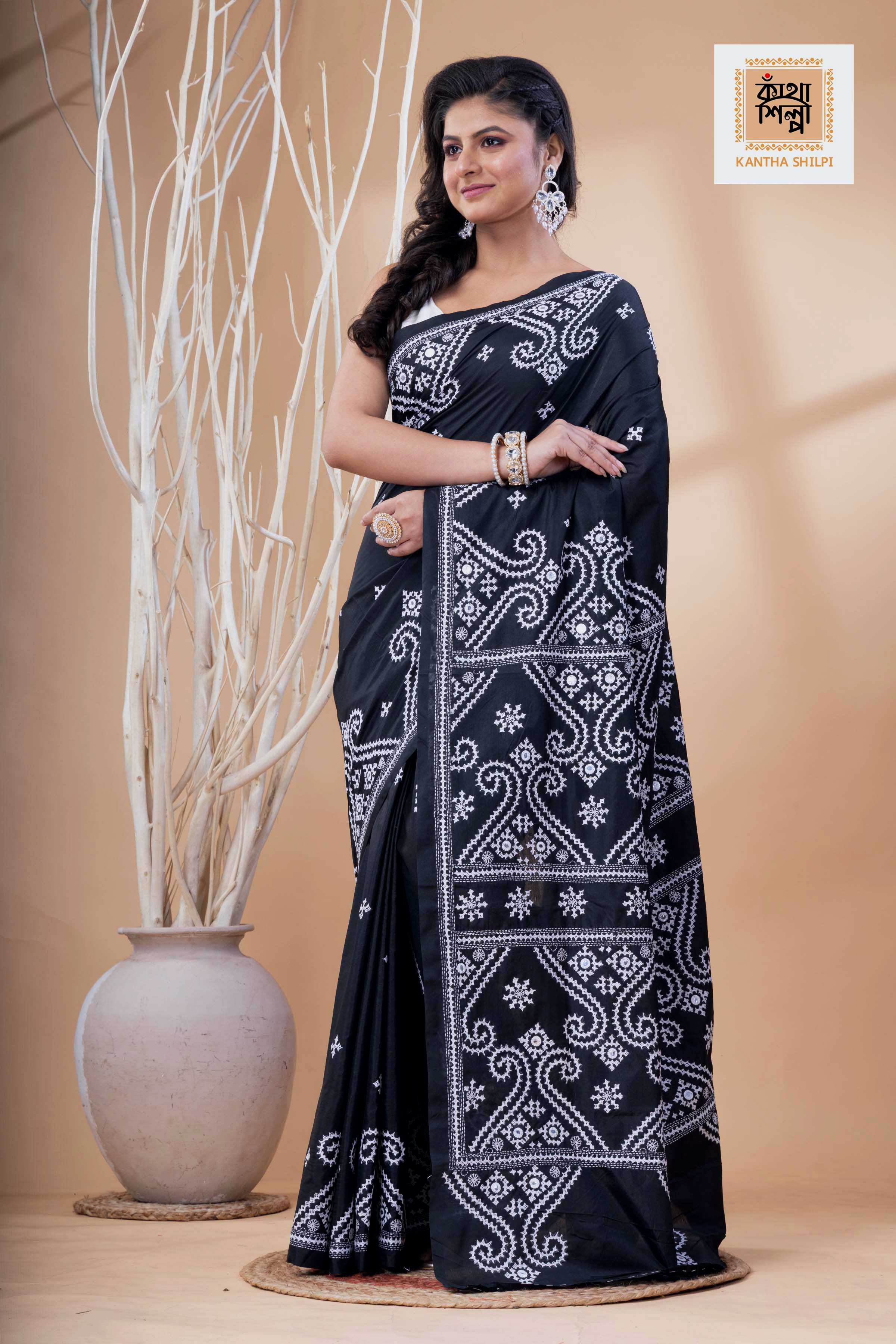 Black Bangalore Silk White Thread Work Gujrati Stitch Saree