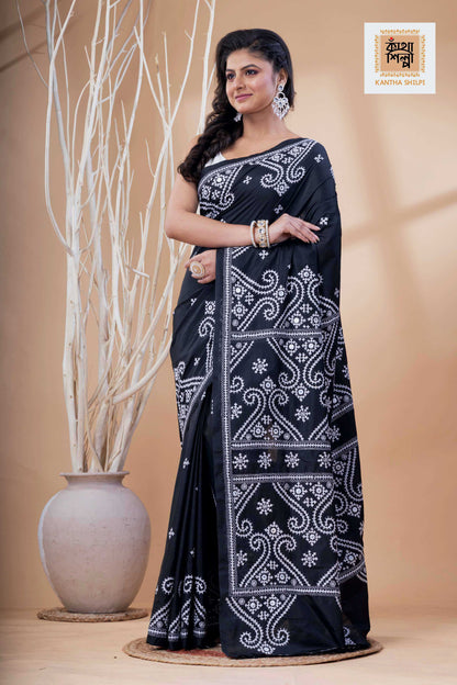 Black Bangalore Silk White Thread Work Gujrati Stitch Saree