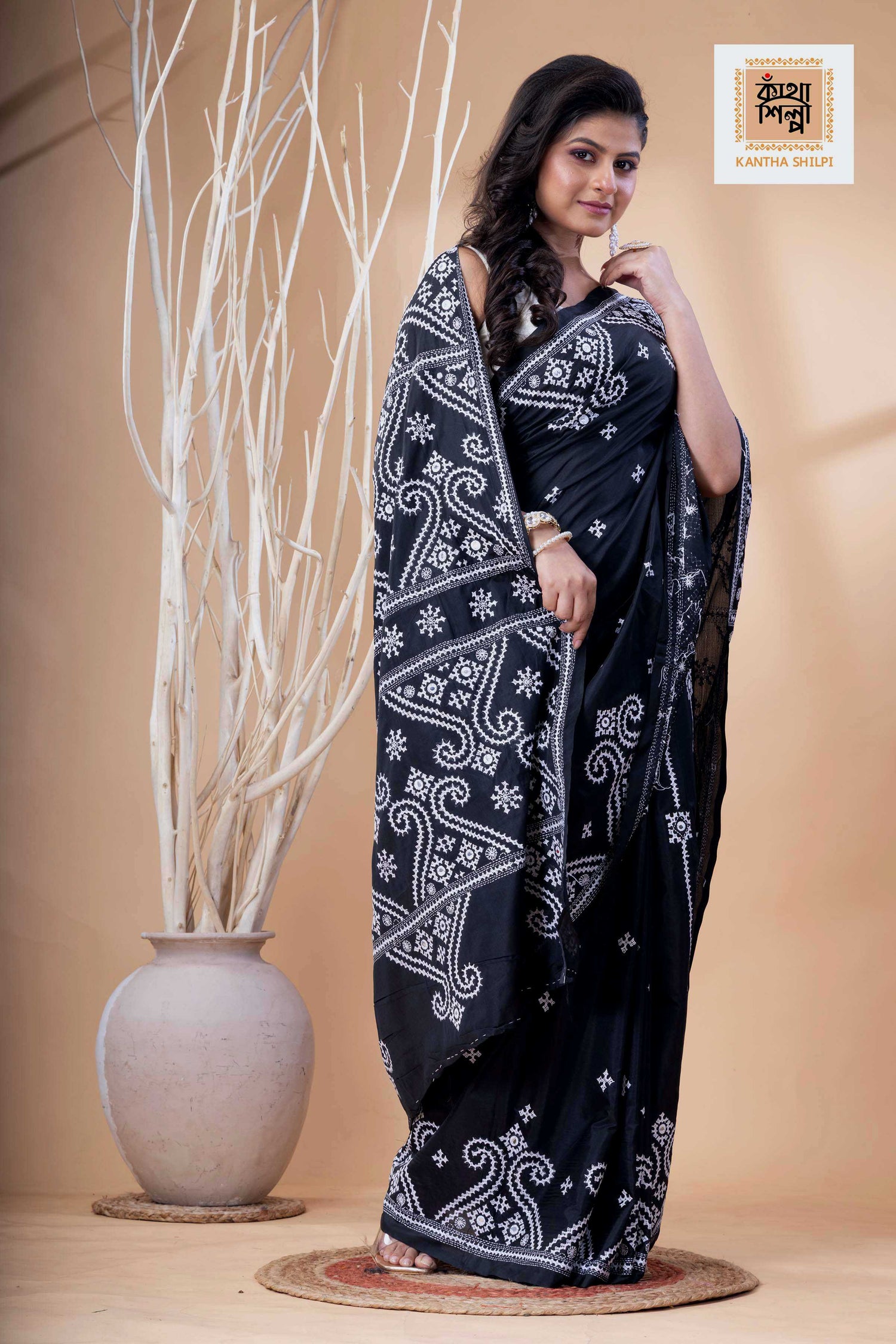Black Bangalore Silk White Thread Work Gujrati Stitch Saree