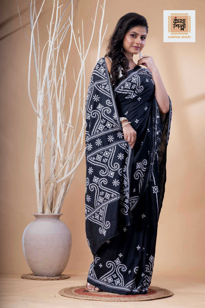 Black Bangalore Silk White Thread Work Gujrati Stitch Saree